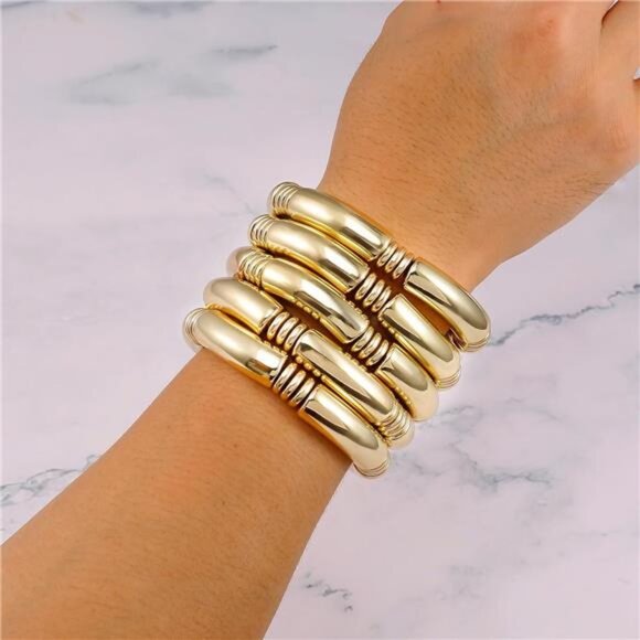 Gold Chunky Bangles Bracelets For Women 14k Gold Plated Stack Layered Curved - Picture 4 of 7